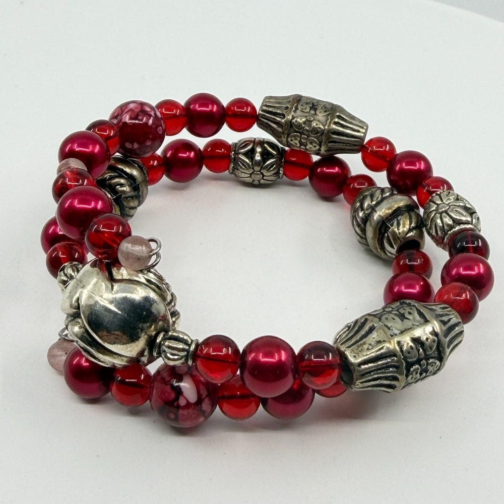 Red Beaded Wrap Bracelet Silver Tone Rose Charm Bohemian Layering Jewelry